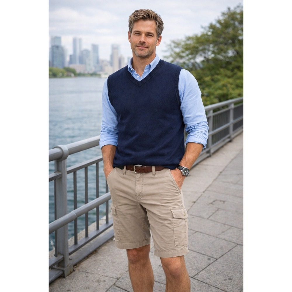 Patrick James Viyella Men Navy Blue 100% Merino Wool V Neck Vest XL Golf Classic